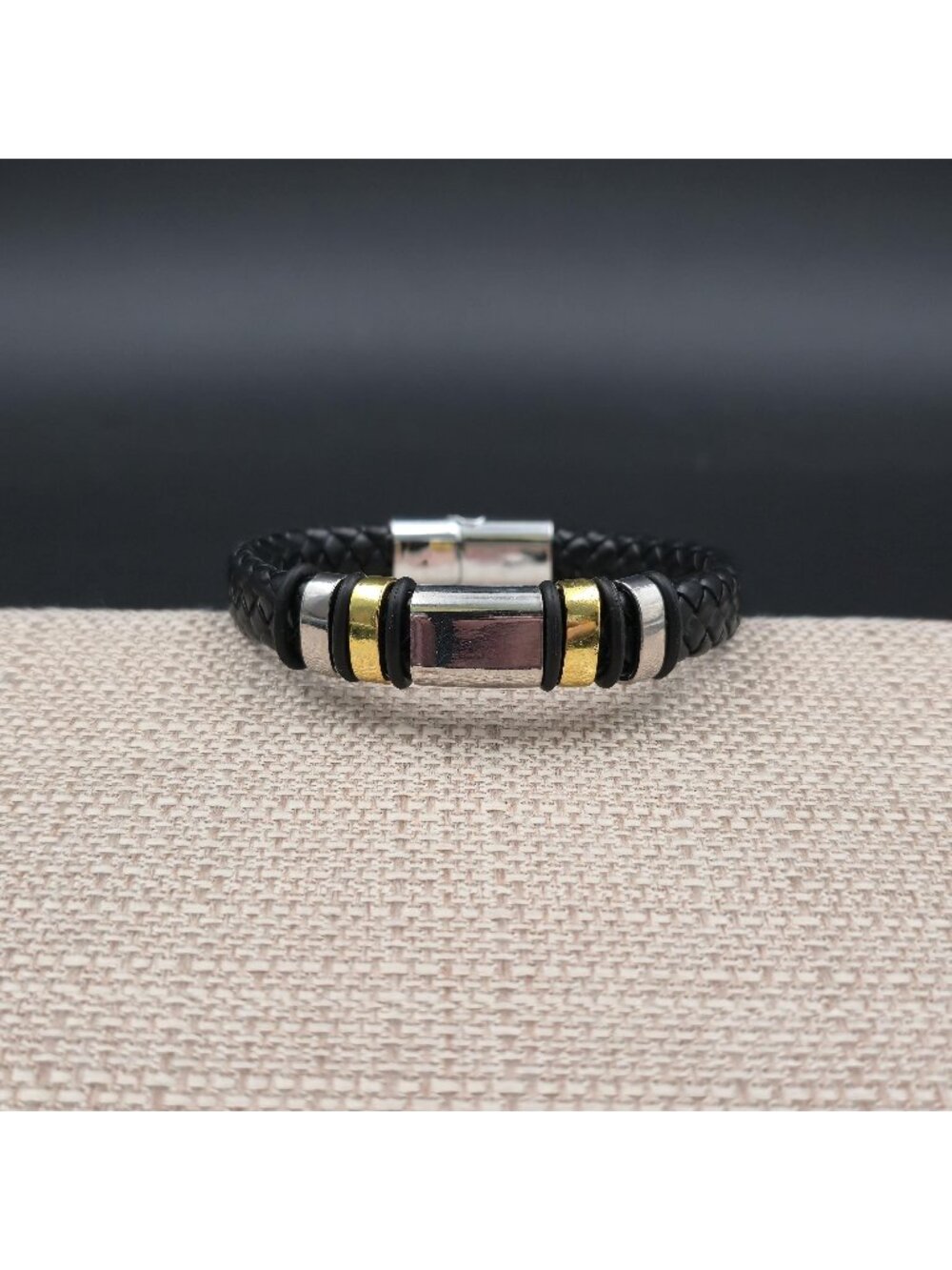 7 Inch Stainless Steel Braided Leather Two Tone Bracelet B1165